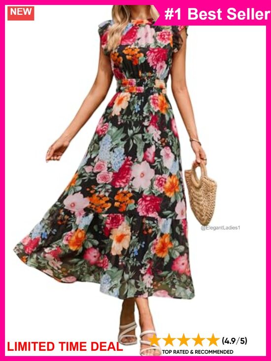 Dresses & Skirts - Flowy Chiffon Floral Maxi Dress Ruffle Crewneck Short Sleeve A-Line